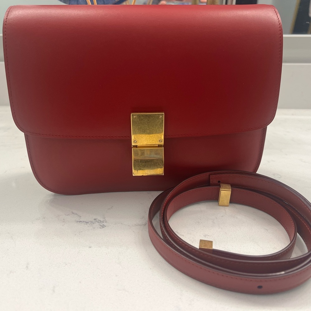 Celine Box Calfskin Medium Classic Box Flap Bag in Red